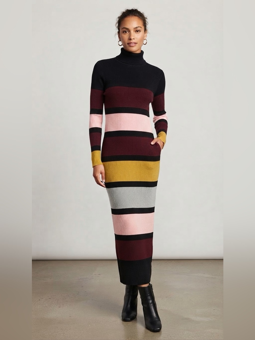 Active USA Colorblock Striped Turtleneck Ribbed Maxi Sweater Dress Size Medium